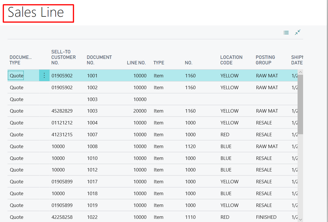 Figure 14 – Example for Sales Line Table of Document Table in Dynamics Business Central on Premises