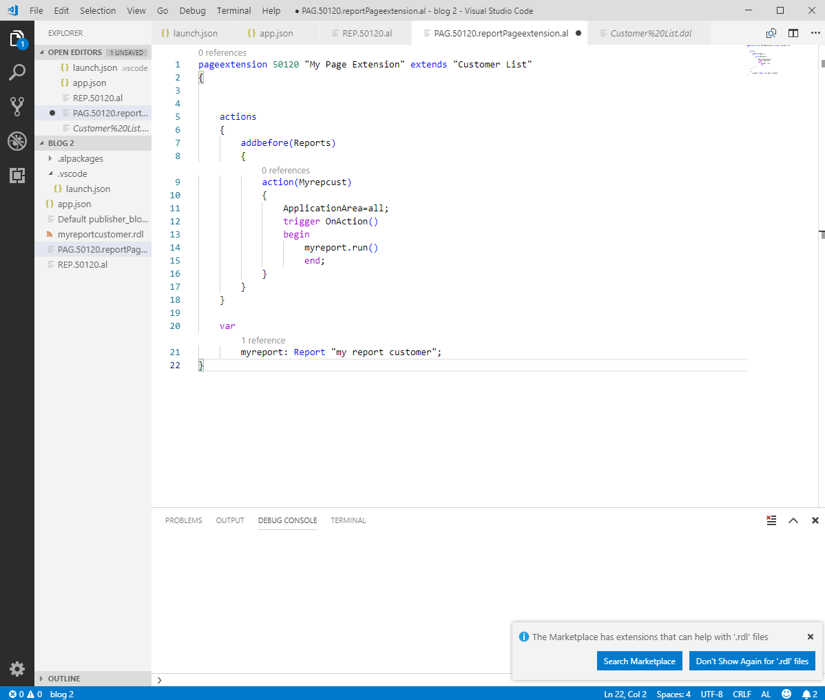 Figure 14 – Using visual studio to create page extensions that will be visible in the web client in the Report Builder in Dynamics 365 Business Central/NAV