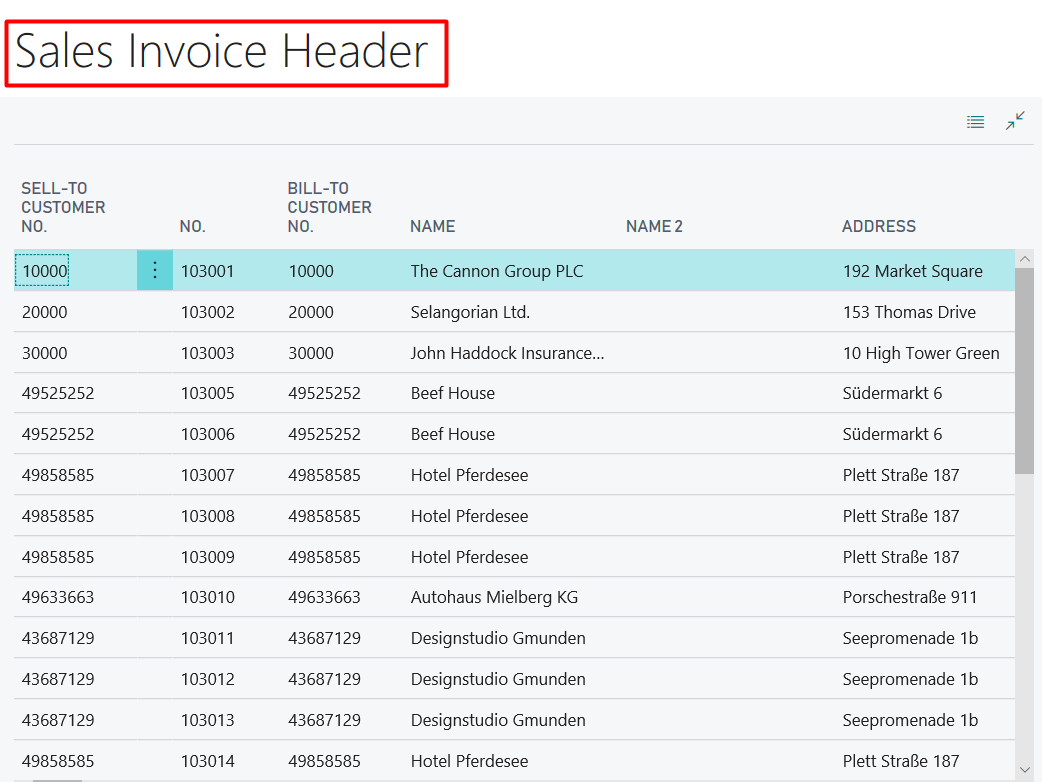 Figure 15 – Example of the Sales Invoice Header of a Document History Table in Dynamics Business Central on Premises