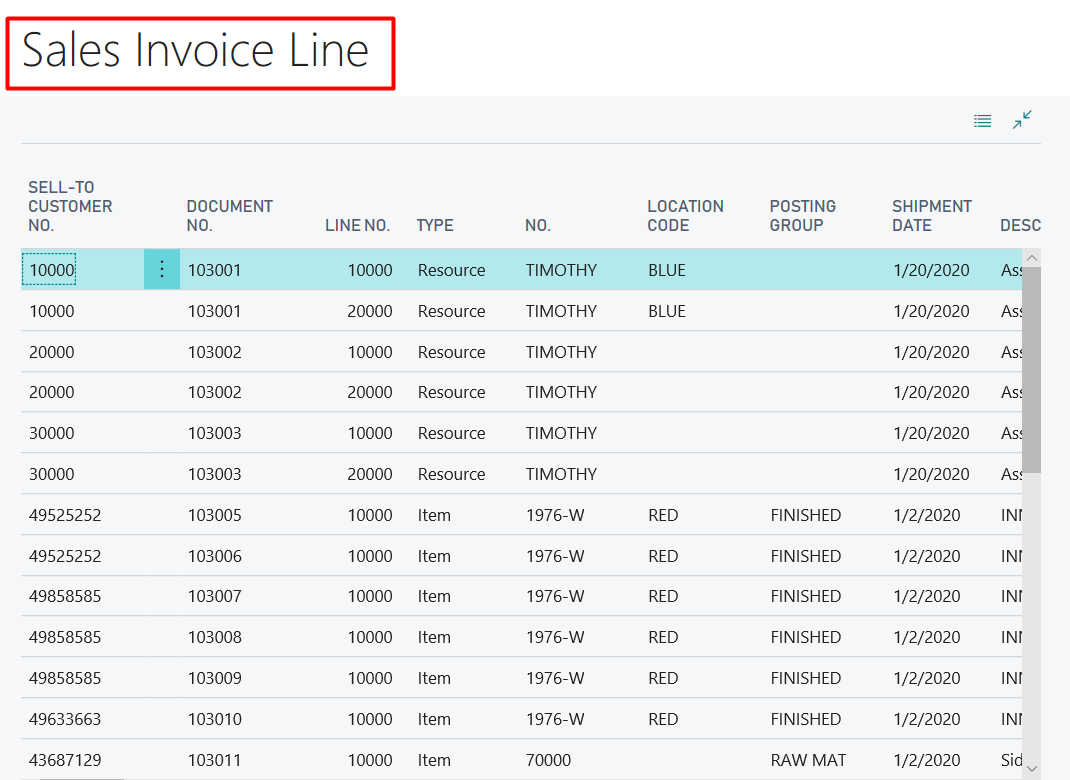 Figure 16 – Example of the Sales Invoice Line of a Document History Table in Dynamics Business Central on Premises