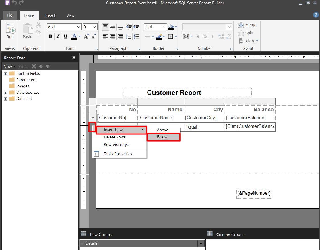 Figure 16 - Inserting new row for Total Balance field in Microsoft Dynamics Business Central on premises or NAV