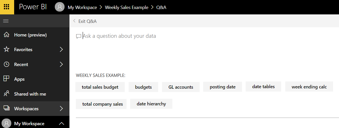 Figure 21 – To ask a question in the Ask A Question feature in Microsoft Power BI, type your question into the Q&A window