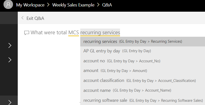 Figure 22 – Example of suggestions offered in the Ask A Question feature in Microsoft Power BI