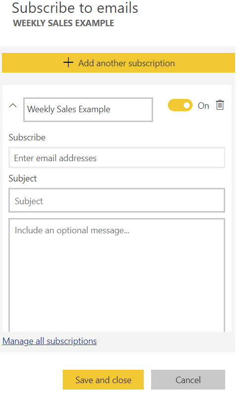 Figure 26 – Form for subscribing to emails in Microsoft Power BI