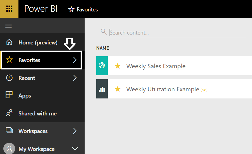 Figure 28 – Viewing a list of favorite reports using the Favorites feature in Microsoft Power BI