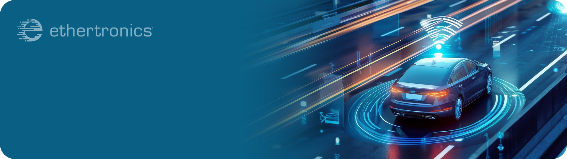 Graphic of a AI car on the road with ethertronics logo