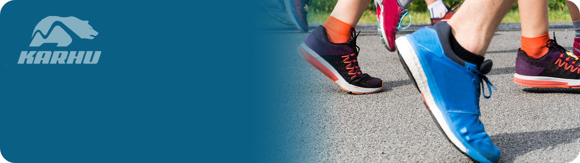 Running shoes on people racing with Karhu logo