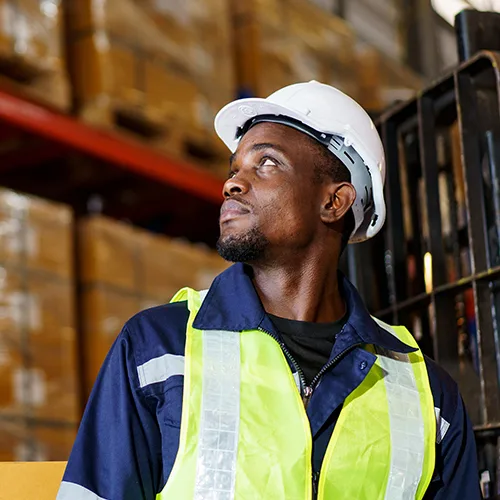 Employee looking up at inventory