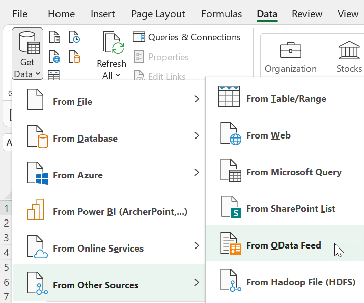 Business Central OData Feeds Excel Data Tab