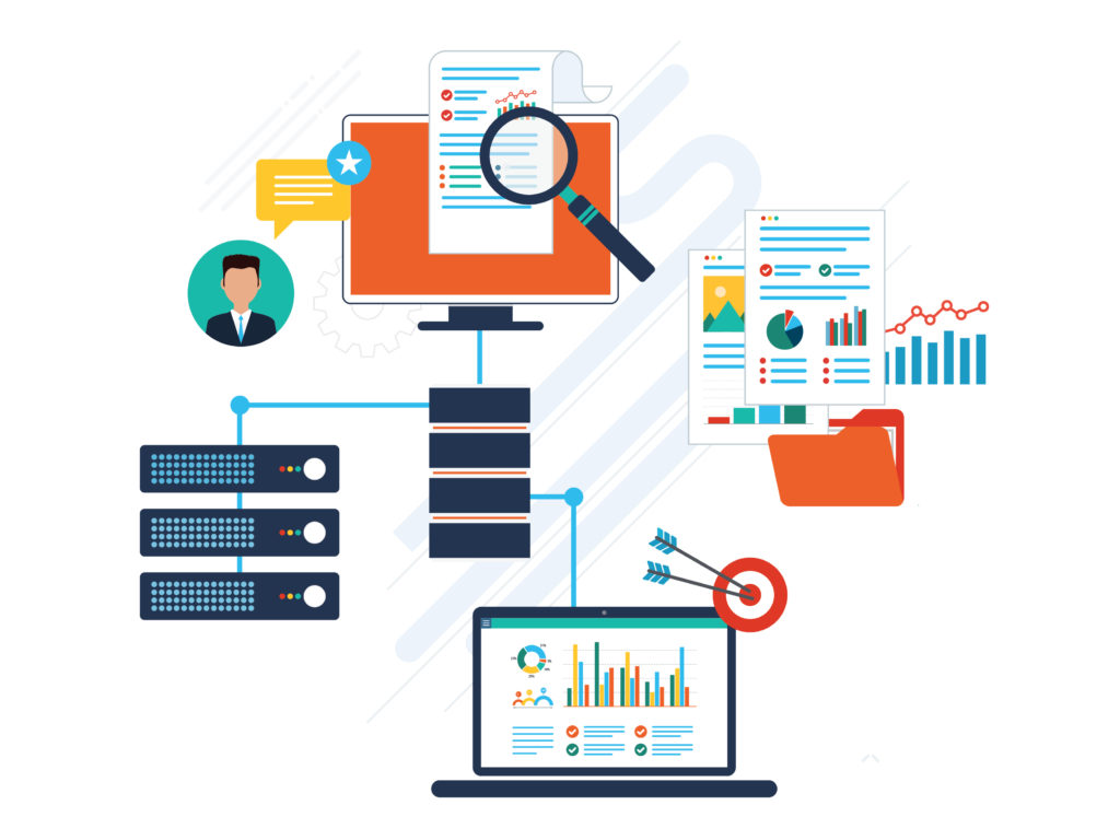 Group of software icons, data dashboards, and reporting in a cluster