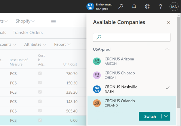 drop down menu business central