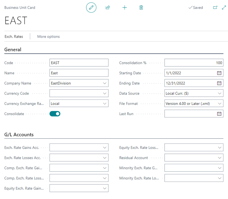 Specifying the business unit details including the Consolidation %