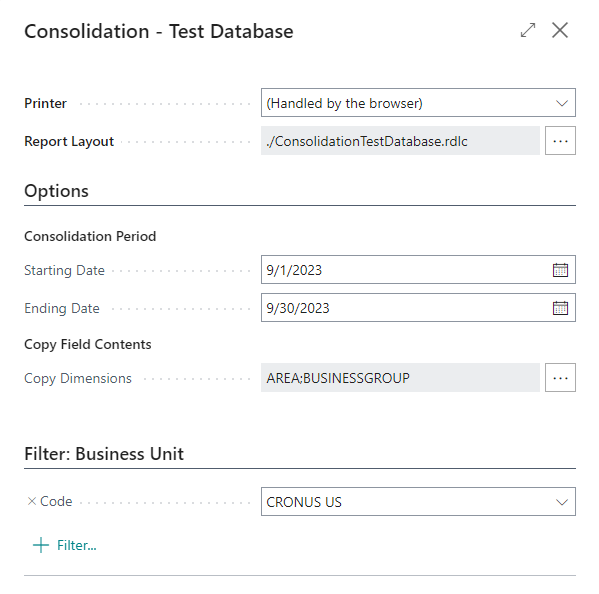 Set the options for the test consolidation