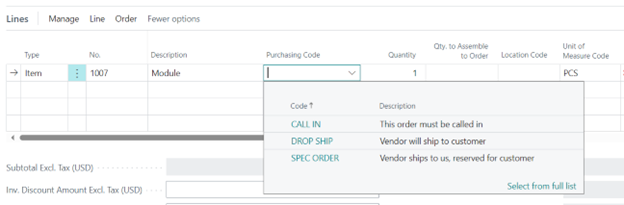 Choose DROP SHIP or SPEC ORDER from the purchasing code on the sales order