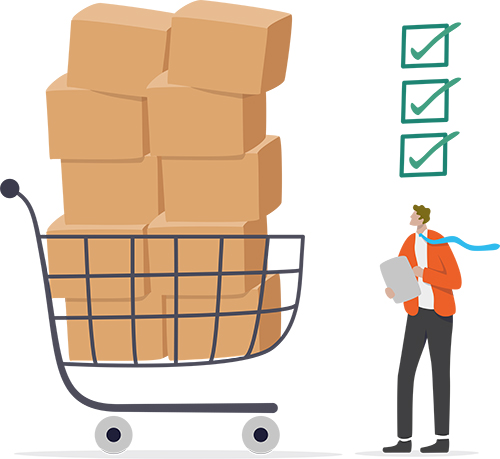 Animation of a business man holding a tablet counting inventory of boxes in a shopping cart