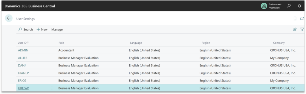 Business Central User Settings 