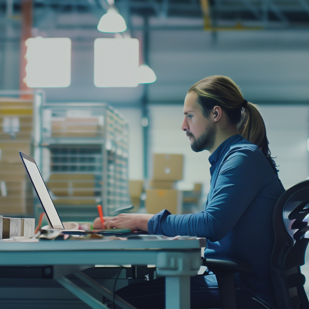 Male employee on laptop in warehouse