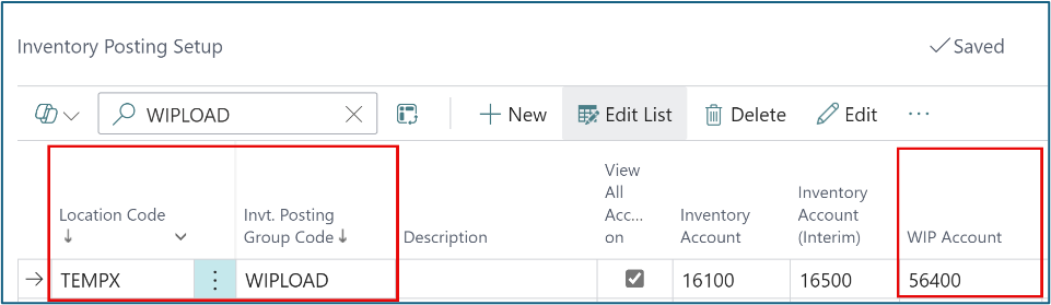 Inventory Posting Setup showing the “WIP Account” is set to the “Inventory Adjmt. Account” value