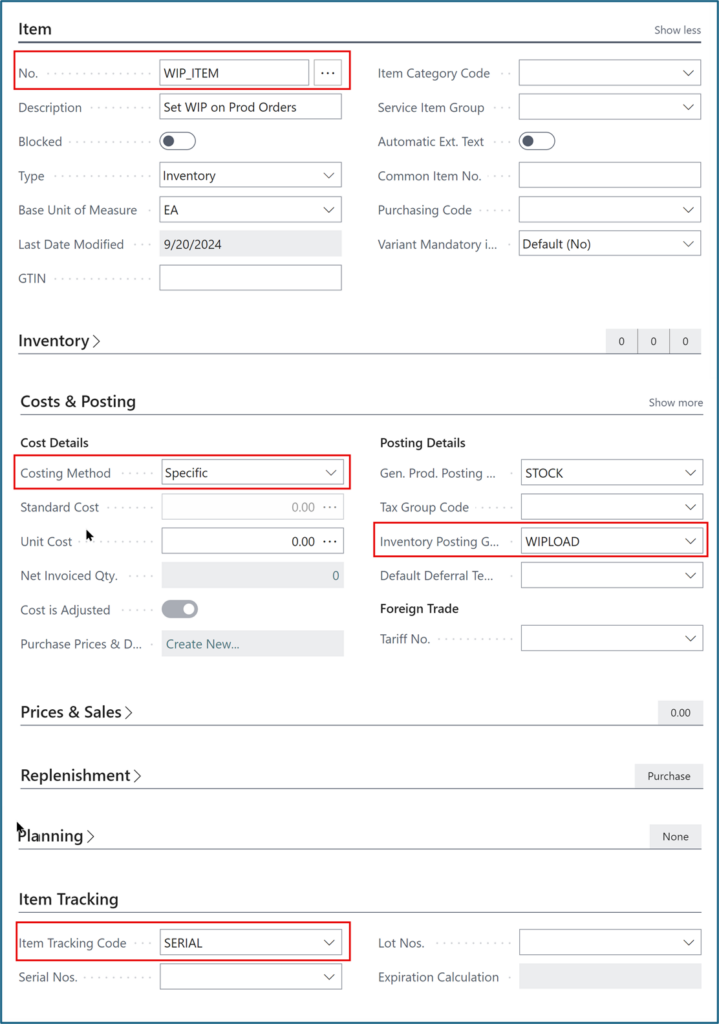 Create new WIP item using Specific costing method