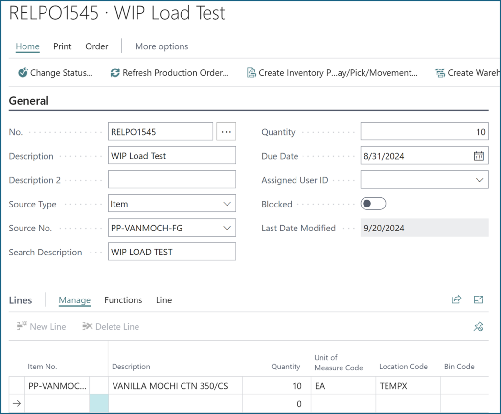 Create a Released Production Order; refresh the order to populate component and routing tables