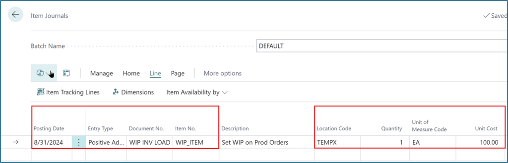 Item Journal Line with $100 Unit Cost assigned