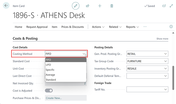 The Costing Method is assigned using the drop-down menu