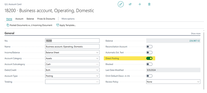Turn on Direct Posting on your GL bank account to make changes