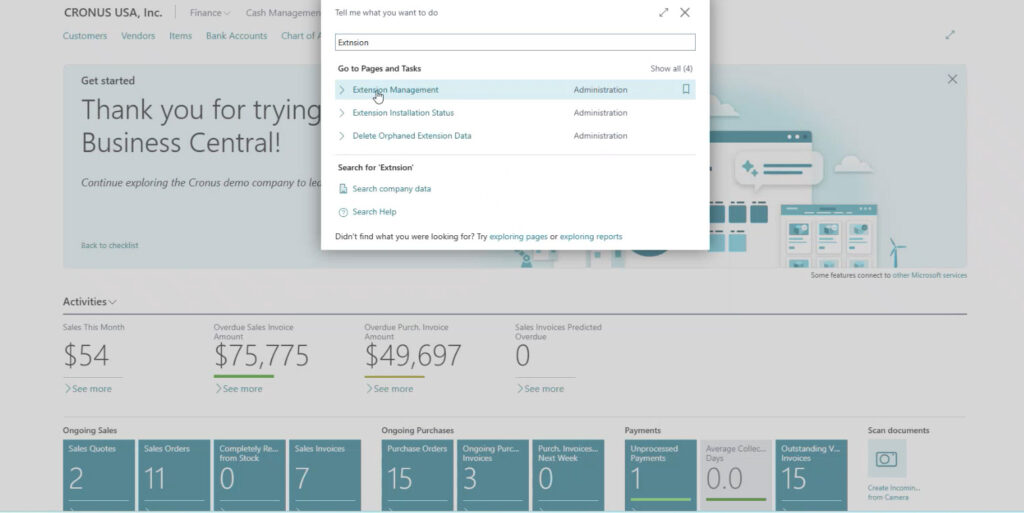 Search for Extension Management in Business Central