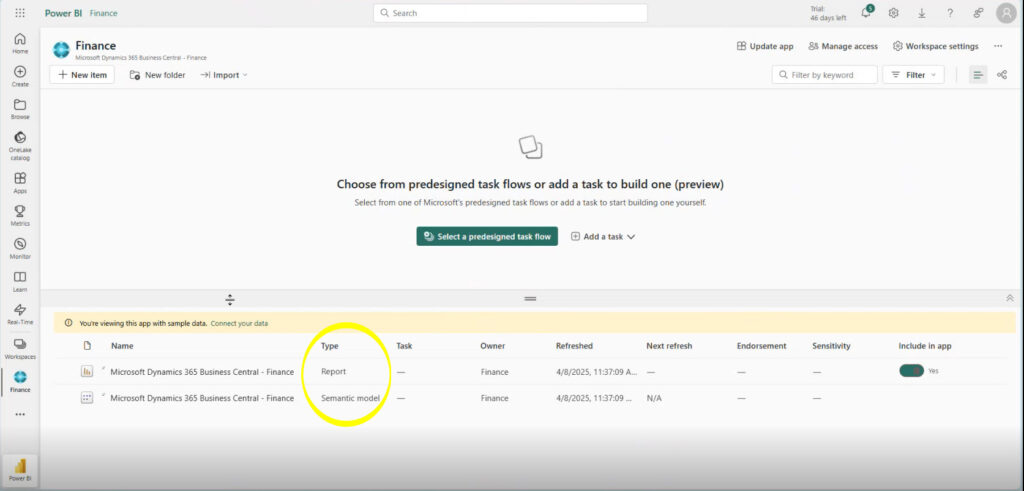 The app has the data model and the report design