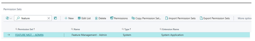Business Central Feature Management Permission Set