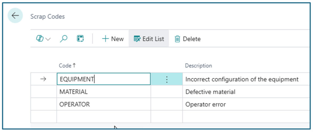 Create and manage scrap codes to categorize production waste by root cause. These codes support reporting, root cause analysis, and continuous improvement efforts.