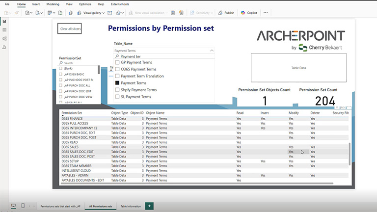 Example showing that 204 permissions sets can have Read, Insert, Modify, and/or Delete privileges to Payment Terms
