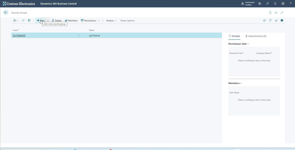 To add a new security group, select New on the Security Groups page