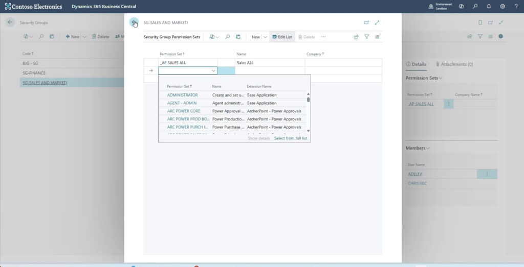 Assign permissions the new security group in Business Central