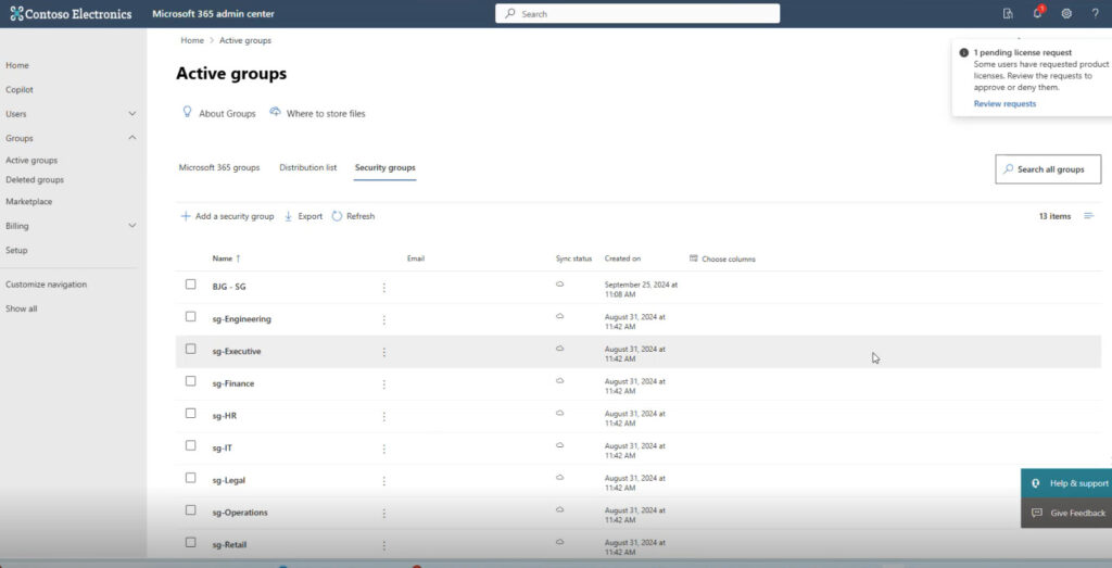 View the active security groups in the Microsoft 365 Admin Center