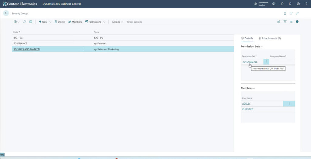 View the permission set that is assigned to this security group