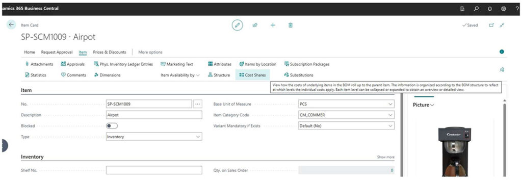 Choose Cost Shares from the Item Card to view the breakdown of costs for this item