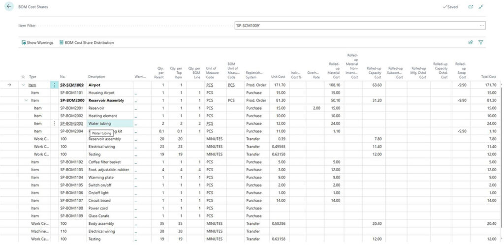 View of the BOM Cost Shares report for the Airpot item from the demo CRONUS database (Item SP-SCM1009)