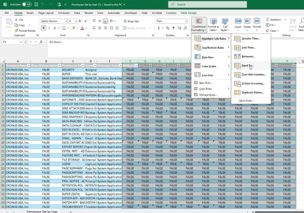Use conditional formatting in Excel to isolate where permissions are set to TRUE