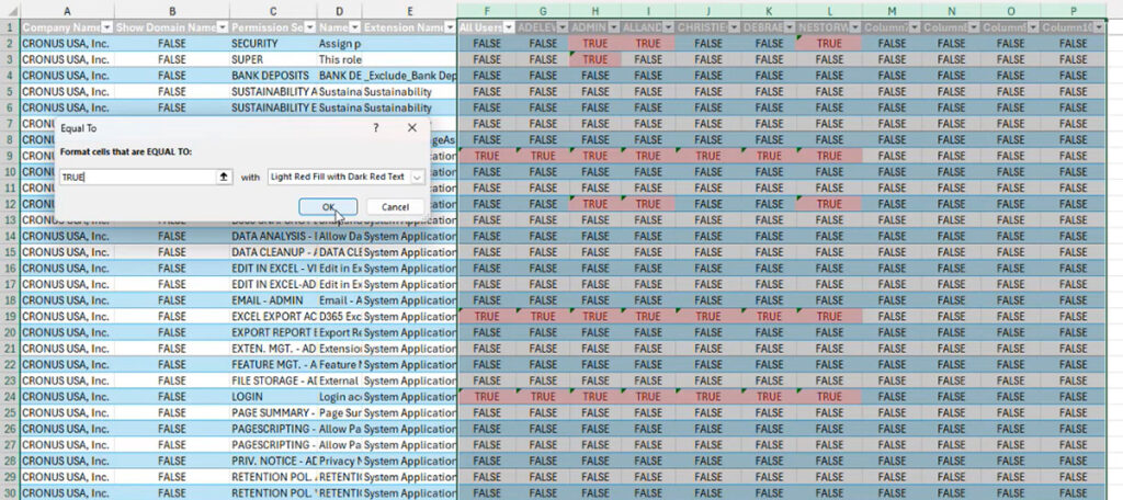 Highlight those users with permissions set to TRUE