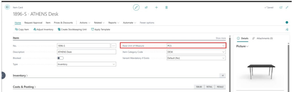 Set up the Base Unit of Measure on the Item Card for the 1896-S ATHENS Desk