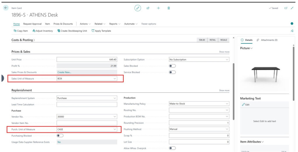 Enter the desired Sales Unit of Measure and Purch. Unit of Measure on the Item Card