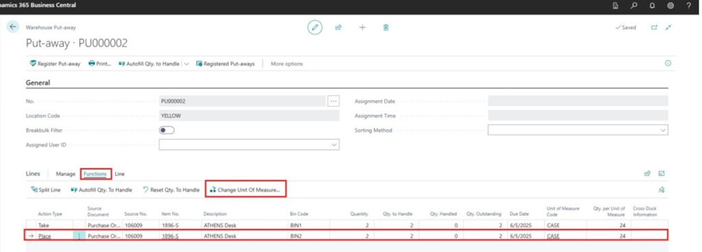 View of Business Central's Warehouse Put-away document with Unit of Measure set to CASE; select the Change Unit of Measure action to make changes