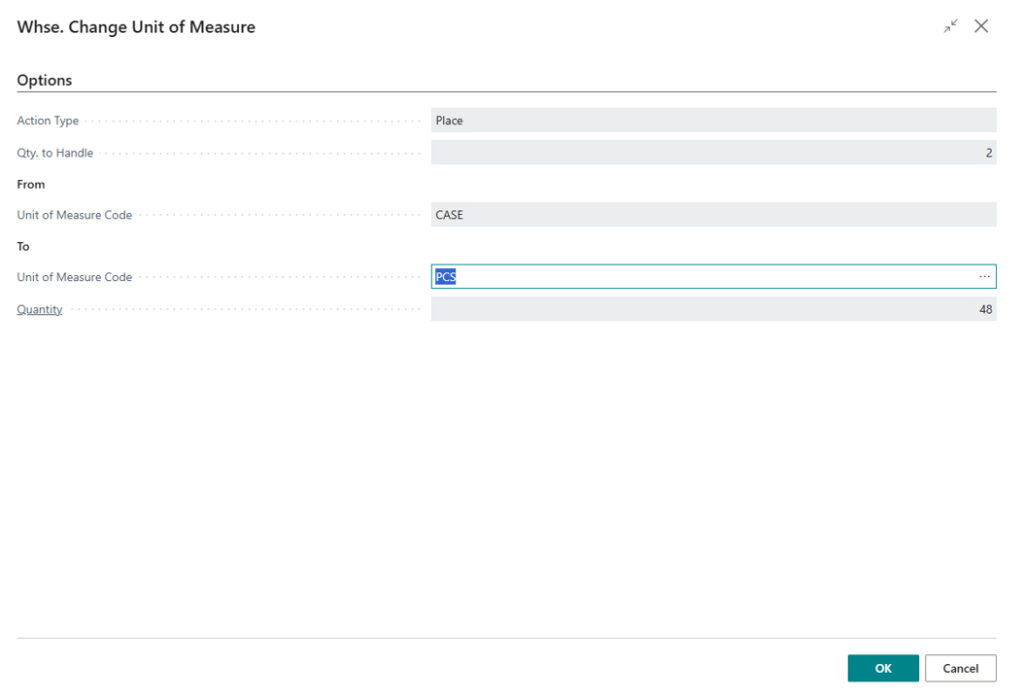 Change Unit of Measure from CASE to PCS on Business Central's Whse. Change Unit of Measure page
