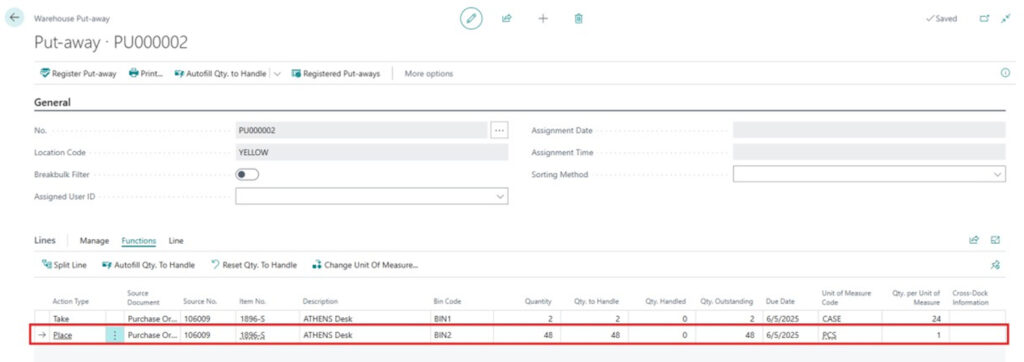 View the updated put-away with Unit of Measure changed from CASE to PCS