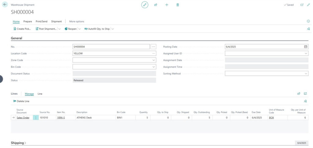 View of the Warehouse Shipment document