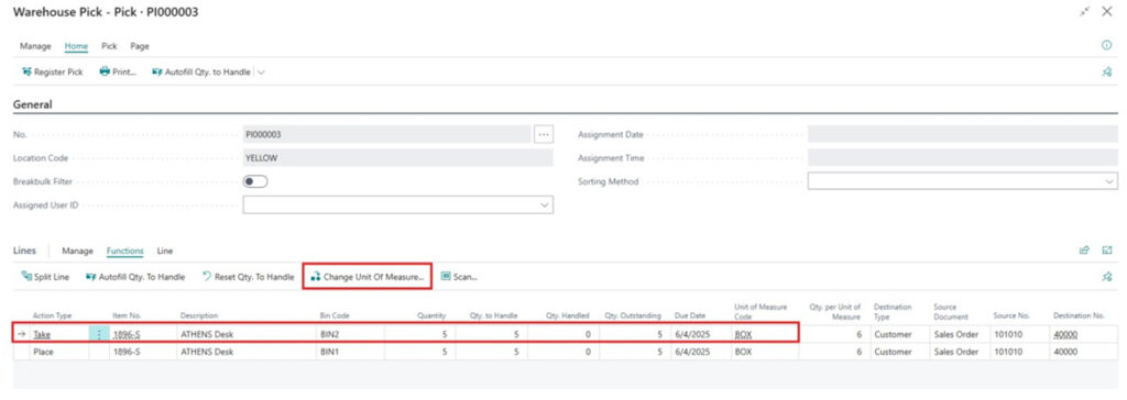 Warehouse Pick document with Unit of Measure set to BOX; choose the Change Unit of Measure action to make changes