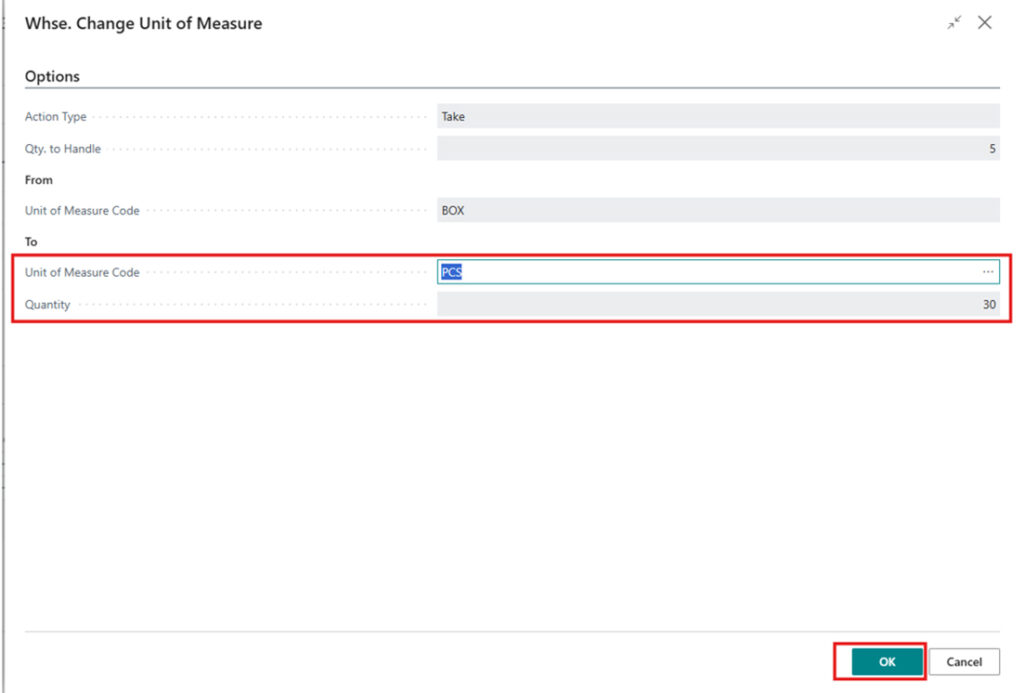 Changing BOX to PCS on Business Central's Whse. Change Unit of Measure page