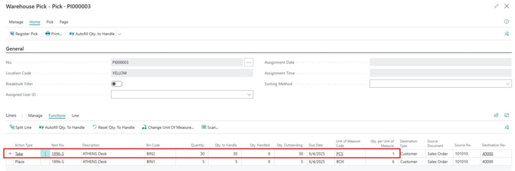 Warehouse Pick document after changing the Unit of Measure Code from BOX to PCS