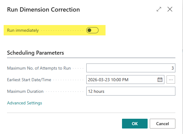 Figure 4 – Schedule when to Run Dimension Corrections